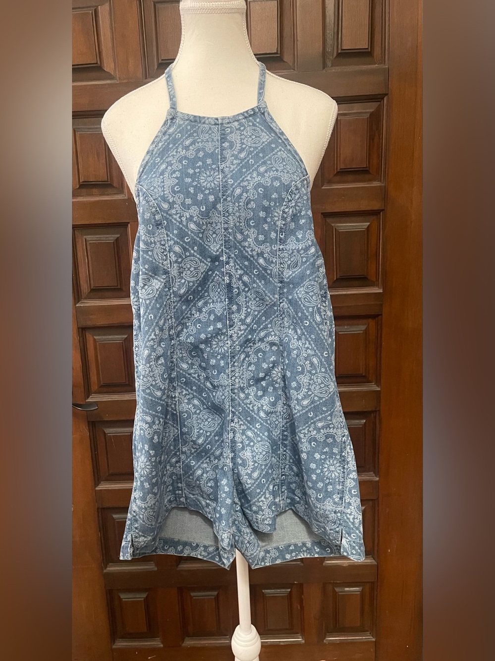 Denim Bandana Print Halter Romper